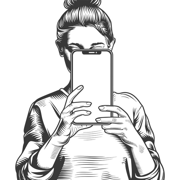 Vector woman holding smartphone covering face in black and white