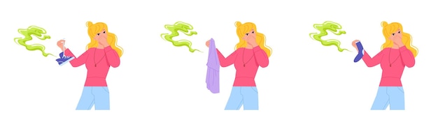 Woman holding smelly clothes Girl with close nose hold smelling dirty sock shoes or shirt bad smell from wet socks feet sport nasty sour stink concept vector illustration of woman smelly clothes