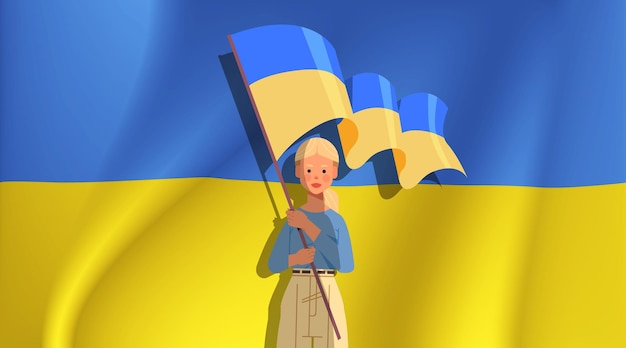 woman holding Ukrainian flag pray for Ukraine peace save Ukraine from russia stop war concept horizontal portrait vector illustration