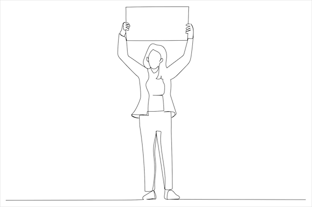 Woman holding up a banner ad Single line art style