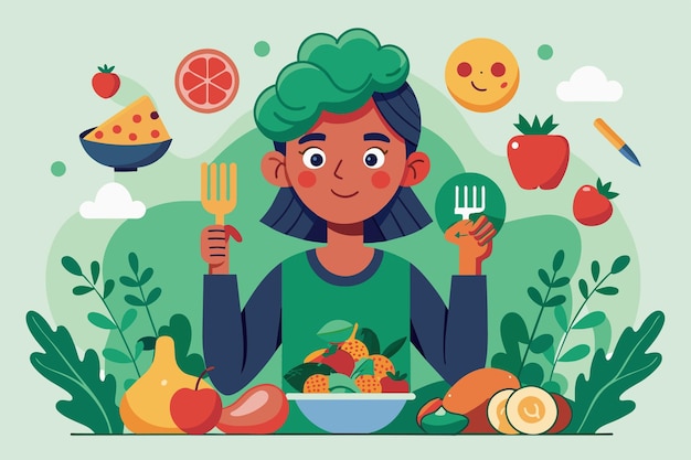 Vector woman holding utensils in front of a plate filled with vegan food ready to eat visualizing the importance of proper food handling techniques in preventing contamination