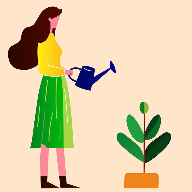 Vector a woman holding a watering can in front of plant flat vector illustration