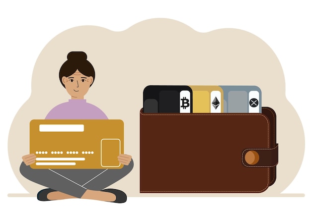 A woman holds a card next to a wallet with different cards for cryptocurrencies Internet wallet digital money transactions exchange platform cold wallet or hardware wallet