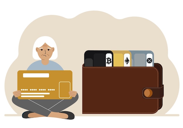 A woman holds a card next to a wallet with different cards for cryptocurrencies Internet wallet digital money transactions exchange platform cold wallet or hardware wallet