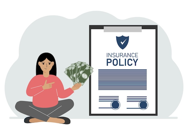 A woman holds cash in his hands next to a large insurance policy The concept of registration and payments under the insurance policy