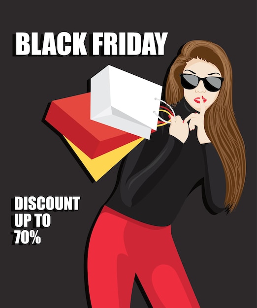 Woman holds finger on lips. Attractive woman in red dress, woman making gesture silence. Discount, sale, season sales. black friday for advertise.