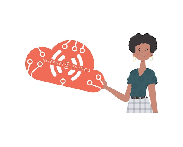 A woman holds the IoT logo in her hands Internet of things concept Isolated Vector