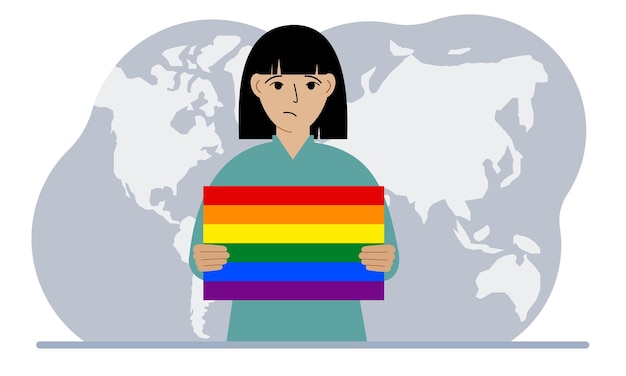 A woman holds an lgbt flag in his hands against the backdrop of a world map