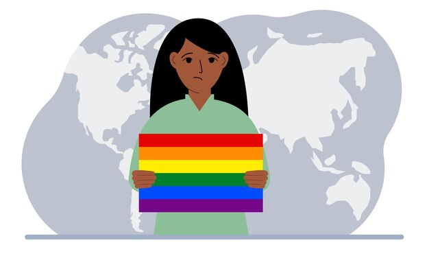 A woman holds an lgbt flag in his hands against the backdrop of a world map