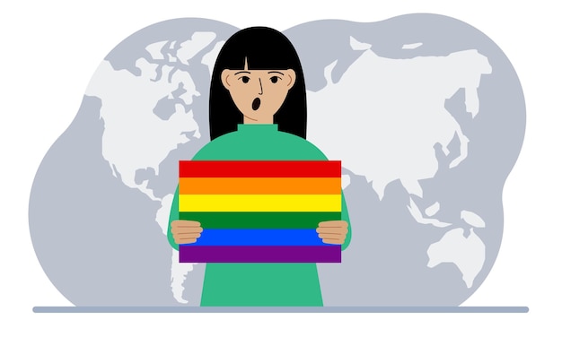 A woman holds an lgbt flag in his hands against the backdrop of a world map