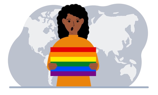 A woman holds an lgbt flag in his hands against the backdrop of a world map