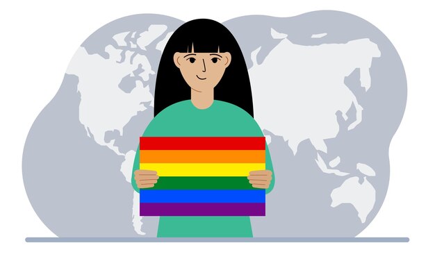 A woman holds an lgbt flag in his hands against the backdrop of a world map