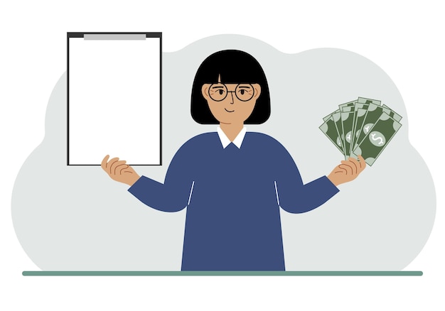 A woman holds a lot of paper money in one hand and in the other a clipboard empty for text Concept for advertising banner or poster of earning or saving money