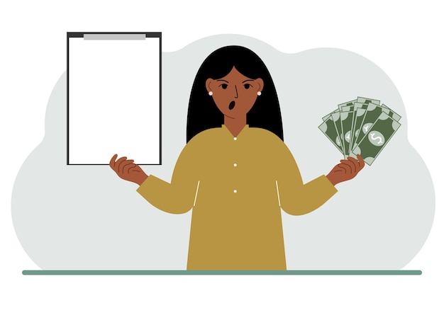 A woman holds a lot of paper money in one hand and in the other a clipboard empty for text Concept for advertising banner or poster of earning or saving money