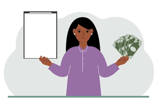 A woman holds a lot of paper money in one hand and in the other a clipboard empty for text Concept for advertising banner or poster of earning or saving money