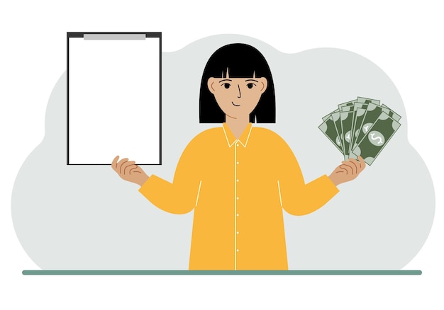 A woman holds a lot of paper money in one hand and in the other a clipboard empty for text Concept for advertising banner or poster of earning or saving money