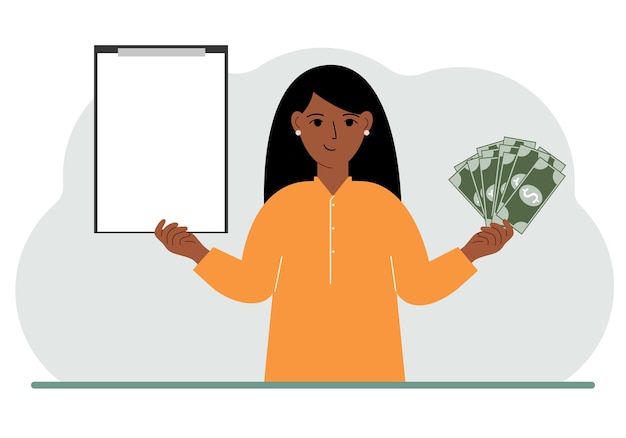 A woman holds a lot of paper money in one hand and in the other a clipboard empty for text Concept for advertising banner or poster of earning or saving money