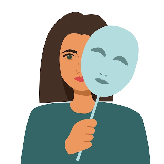 A woman holds a mask in her hands The concept of hidden emotions bluff burnout Vector illustration