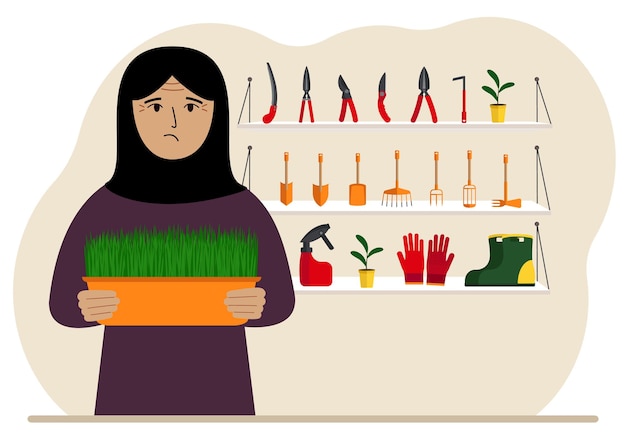 A woman holds a plant in his hands against the background of gardening tools Gardening concept