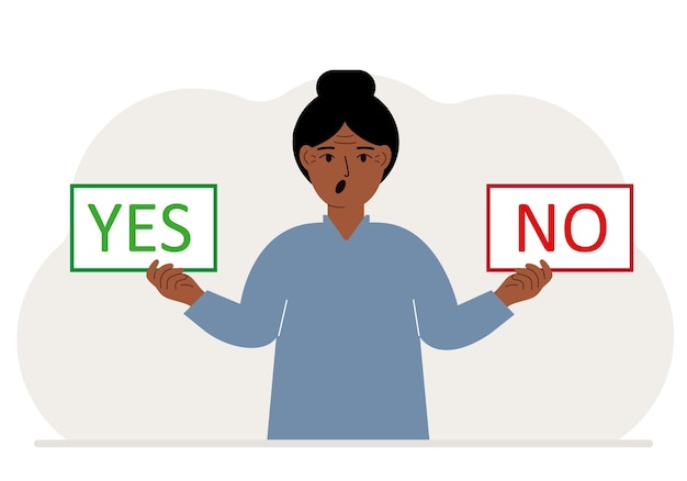 A woman holds two banners Yes and No in his hands Test question Indecisive choice argument opposition choice dilemma opponent's view