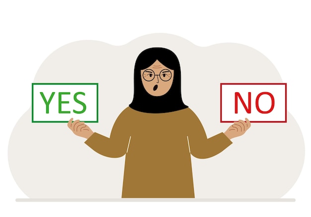 A woman holds two banners Yes and No in his hands Test question Indecisive choice argument opposition choice dilemma opponent's view