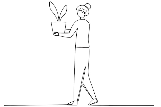 A woman holds up a flower in a flowerpot World environment day oneline drawing