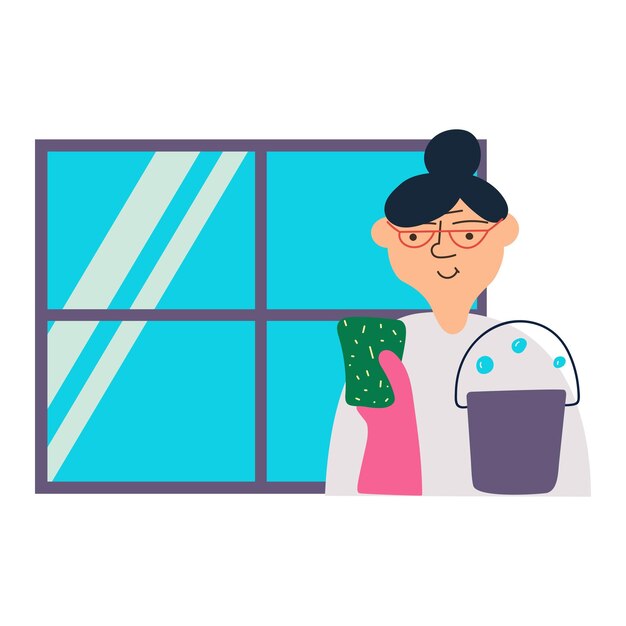 Vector woman housekeeper washes window glass sanitary flat design illustration on white background