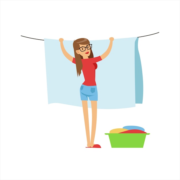 Woman Housewife Hanging Wet Laundry On The String Outdoors Classic Household Duty Of Stayingathome Wife Illustration