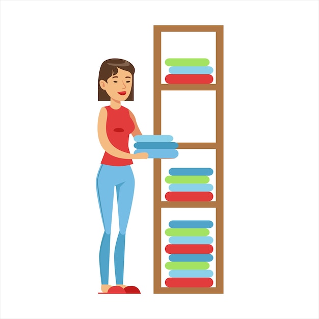 Woman Housewife Ranging Clean Clothes On Shelves Classic Household Duty Of Stayingathome Wife Illustration