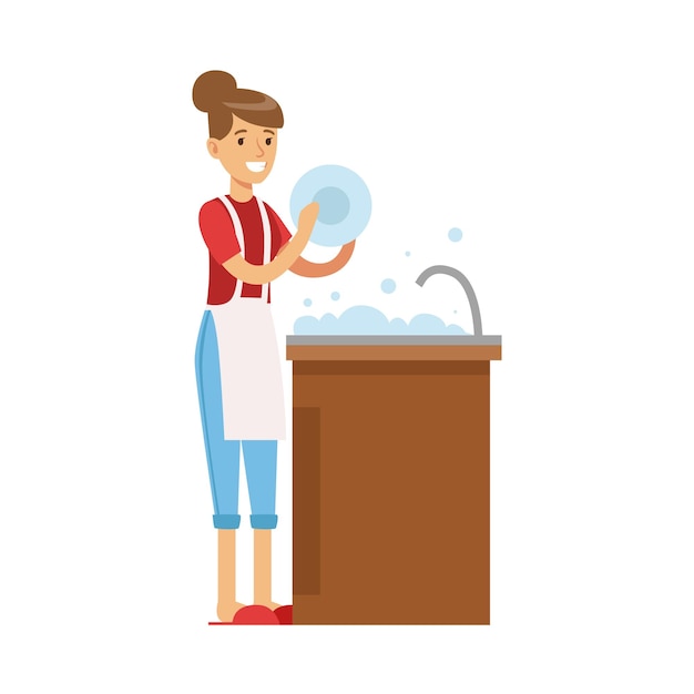 Woman Housewife Washing The Dishes In Kitchen Tap Classic Household Duty Of Stayingathome Wife Illustration