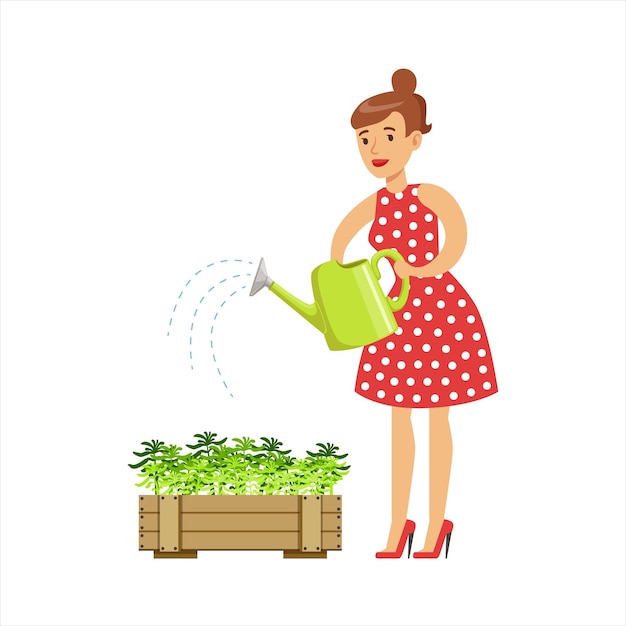 Woman Housewife Watering The Plants In The Pot Classic Household Duty Of Stayingathome Wife Illustration