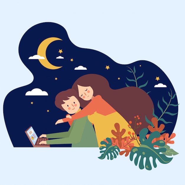 Woman Hug Man in the Night Sky