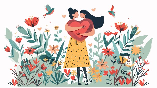 Vector woman hugging heart among flowers and birds car