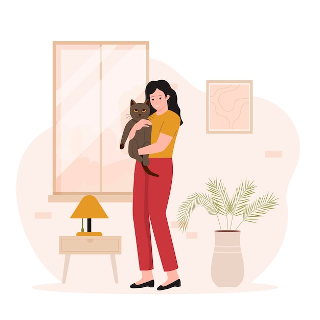 Woman hugging her pet cat