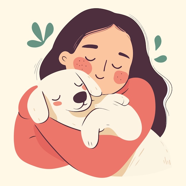 A woman hugging her pet dog illustration