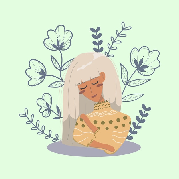 Woman hugging herself as a form of self love with floral objects illustration