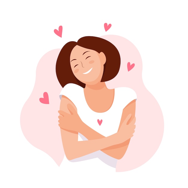 Woman hugging herself with hearts. Love yourself. Love your body concept. Vector illustration.