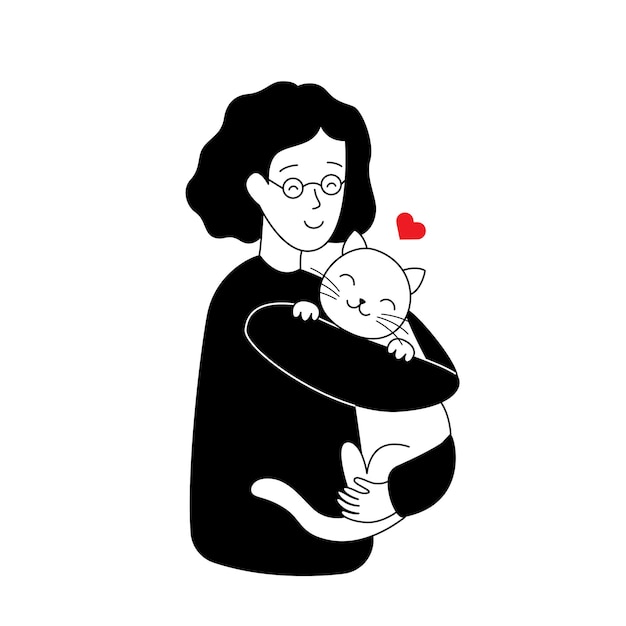 Woman hugs a cat vector illustration in flat style lady and her animal pet