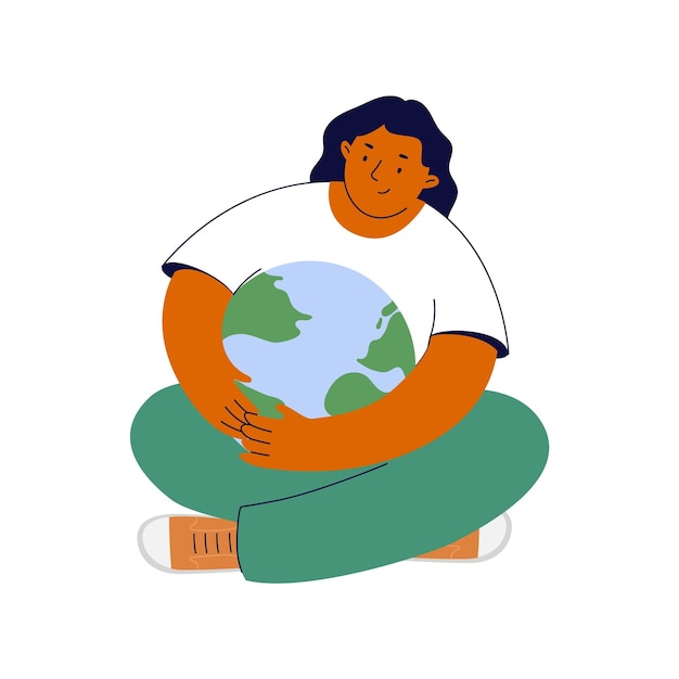 Woman hugs planet with care, sustainability concept. Eco friendly, Earth day vector illustration