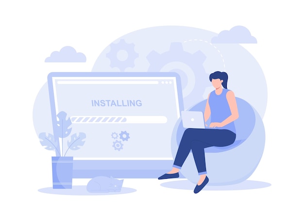 A woman installing software via laptop update and maintenance software Modern flat illustration