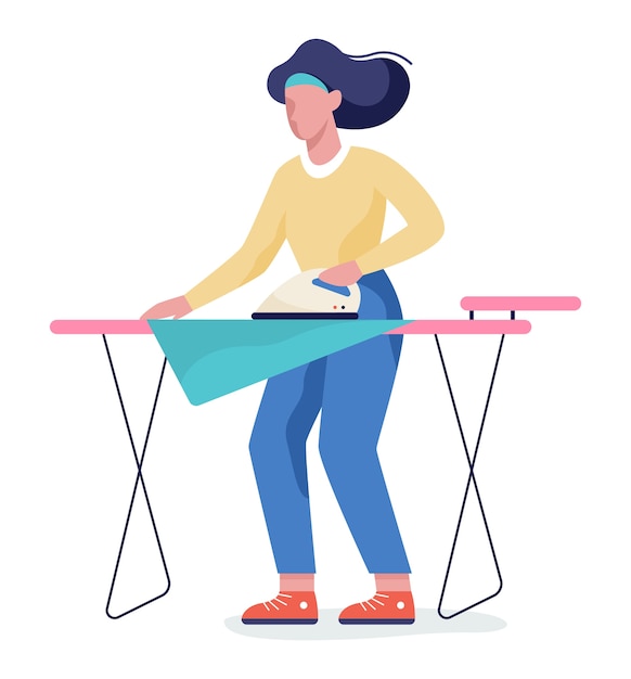 Woman iron clothes on ironing board. Idea of domestic work and laundry. Housework concept.  illustration