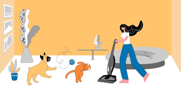 Vector the woman is cleaning the room a cat and a dog play with a ball of thread and interfere with vacuuming the floor vector illustration pet friendly concept