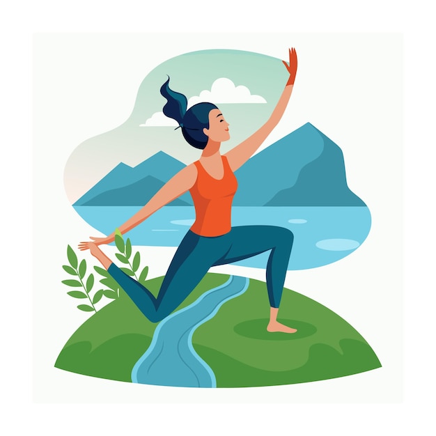 Vector a woman is doing yoga exercises by a river