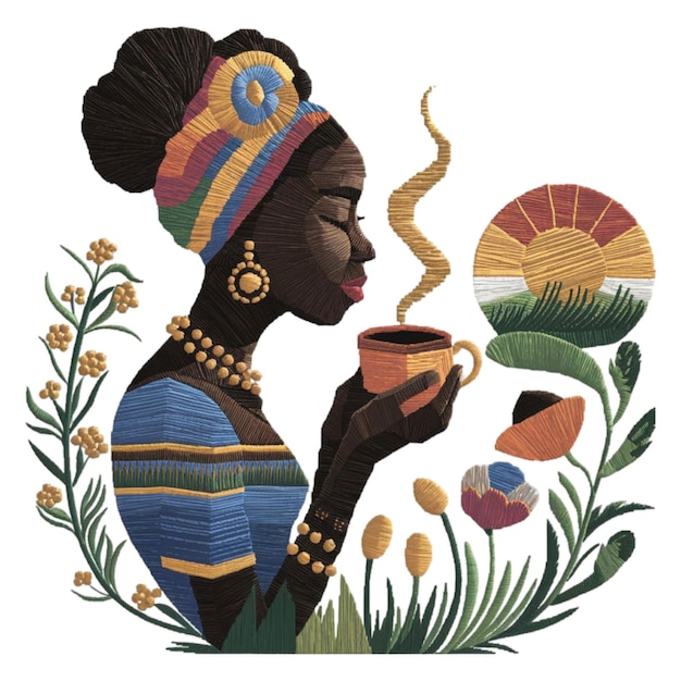 Vector a woman is drinking coffee from a cup that says  she is holding a cup of coffee