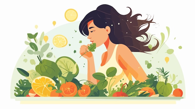 Vector a woman is eating a cucumber with a lot of oranges