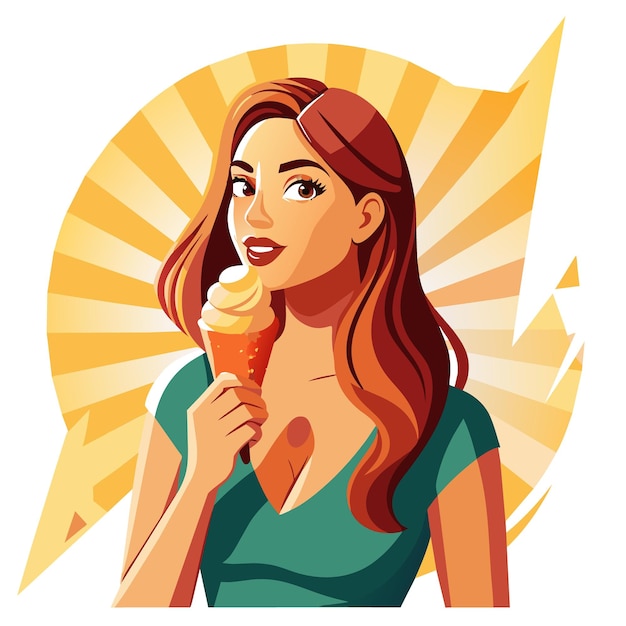 a woman is eating an ice cream cone that is painted with sun rays