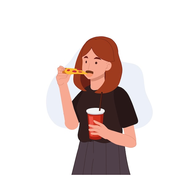 Woman is eating a slice of pizza while holding a glass soft drink in other hand Enjoy eating concept Vector illustration