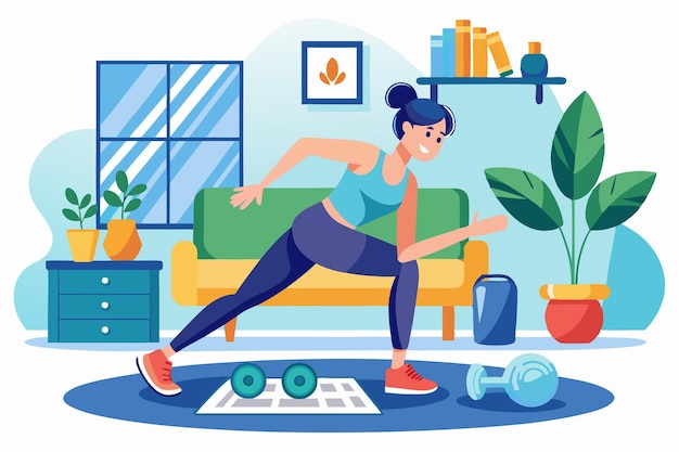 A woman is engaged in a home workout balancing fitness and comfort in her living room Training at home Customizable Flat Illustration