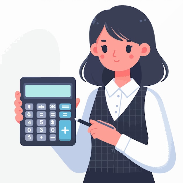 A woman is holding a calculator and pointing to the plus sign