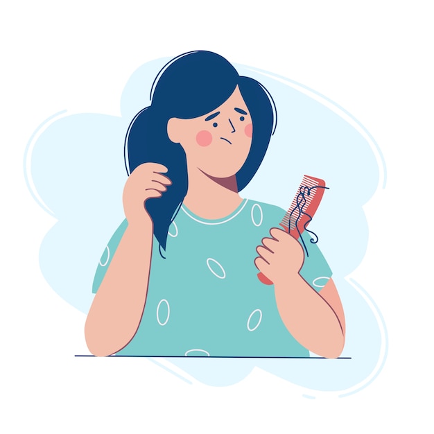 A woman is holding a comb with a lock of hair, she is upset because of hair loss.  illustration in the flat design style.